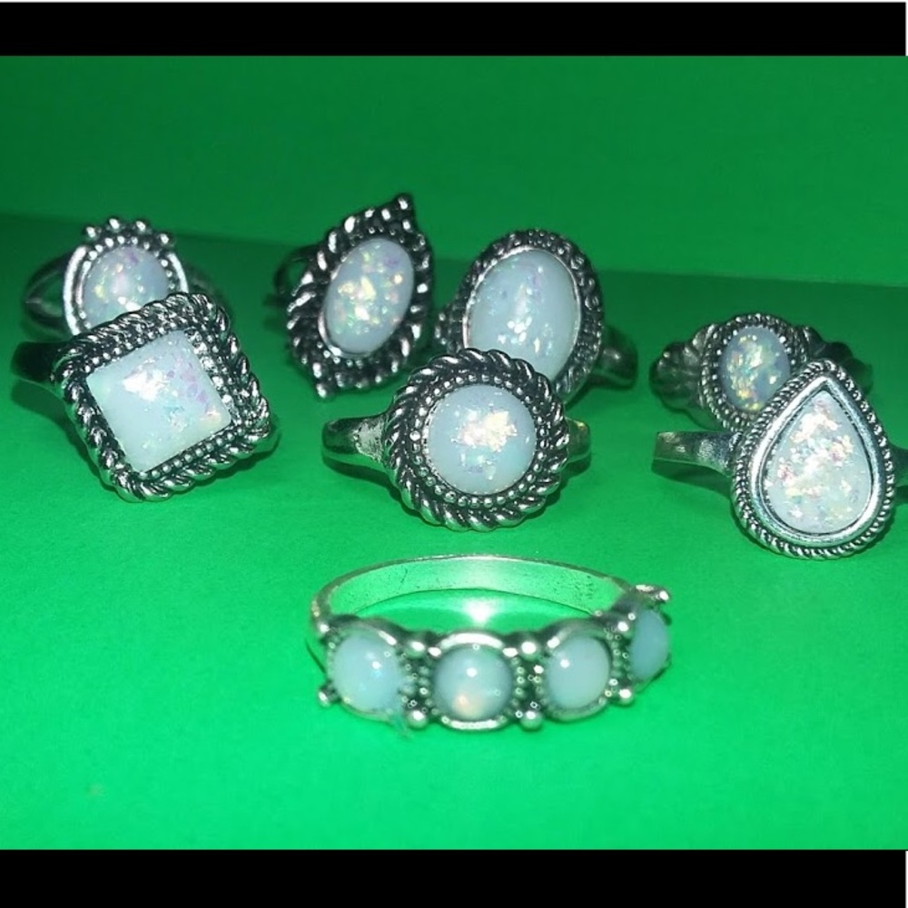 *SOLD* 8pc Matching Ring Set Opal/Silver Tone